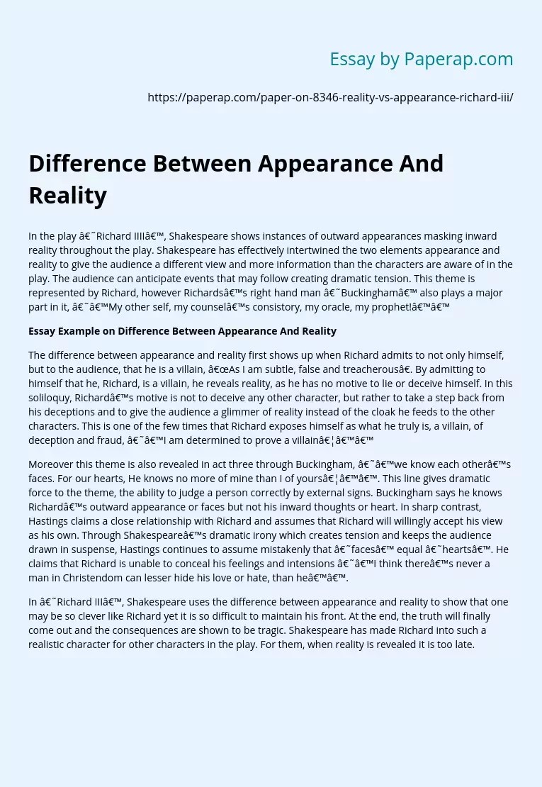 Difference Between Appearance And Reality Free Essay Example