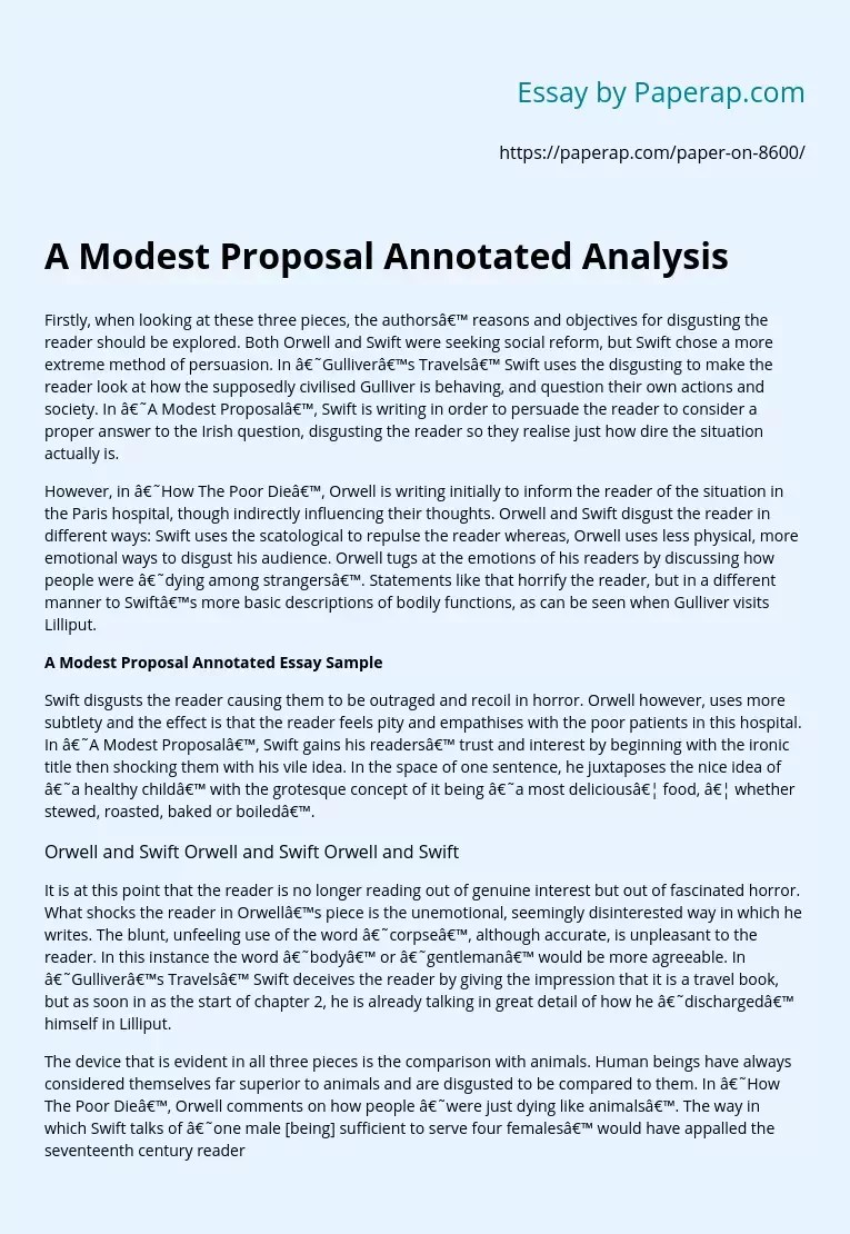 A Modest Proposal Annotated Analysis Free Essay Example