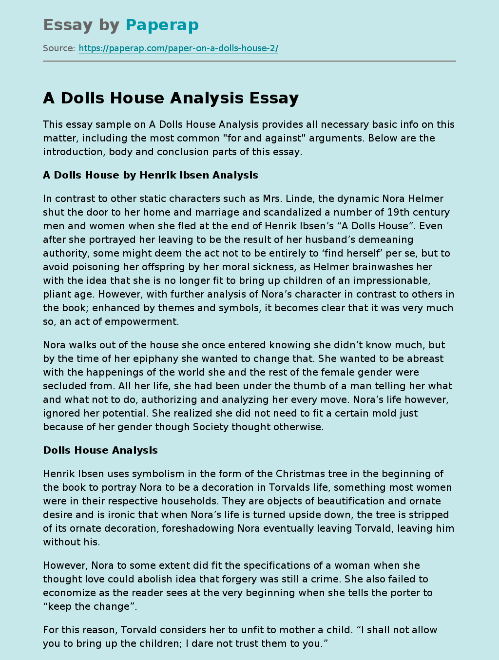 A Dolls House Analysis Free Essay Example