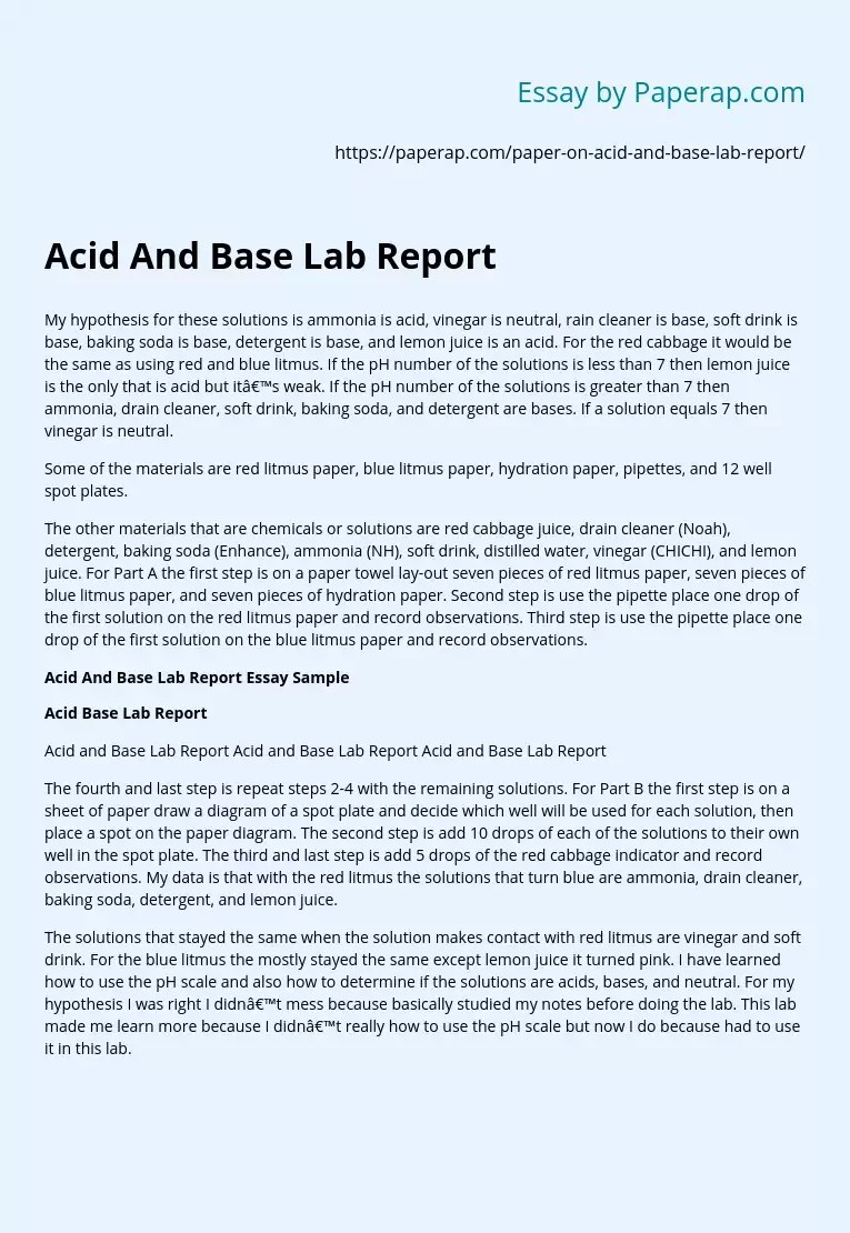 Acid And Base Lab Report Free Essay Example