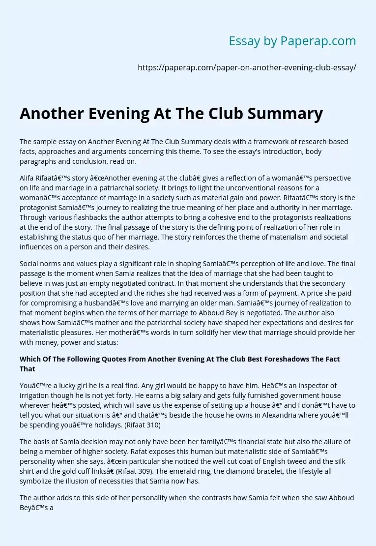 Another Evening At The Club Summary Analysis Essay Example