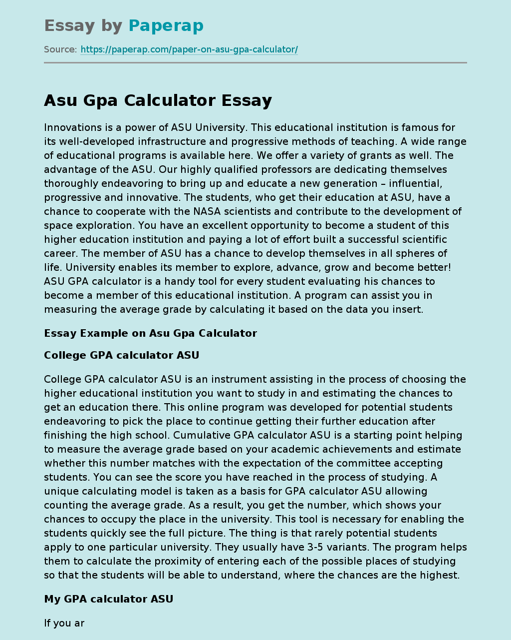 Asu Gpa Calculator Free Essay Example