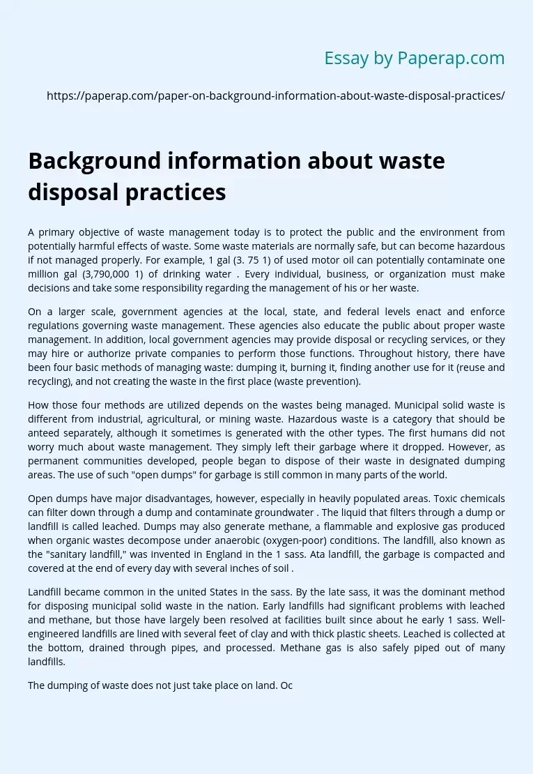 Background information about waste disposal practices Free Essay Example