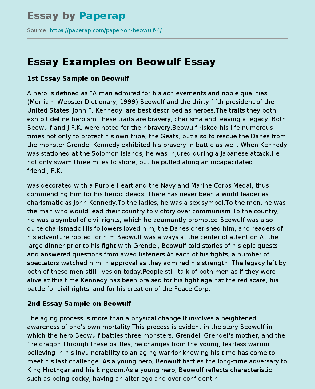 Essay Examples on Beowulf Free Essay Example