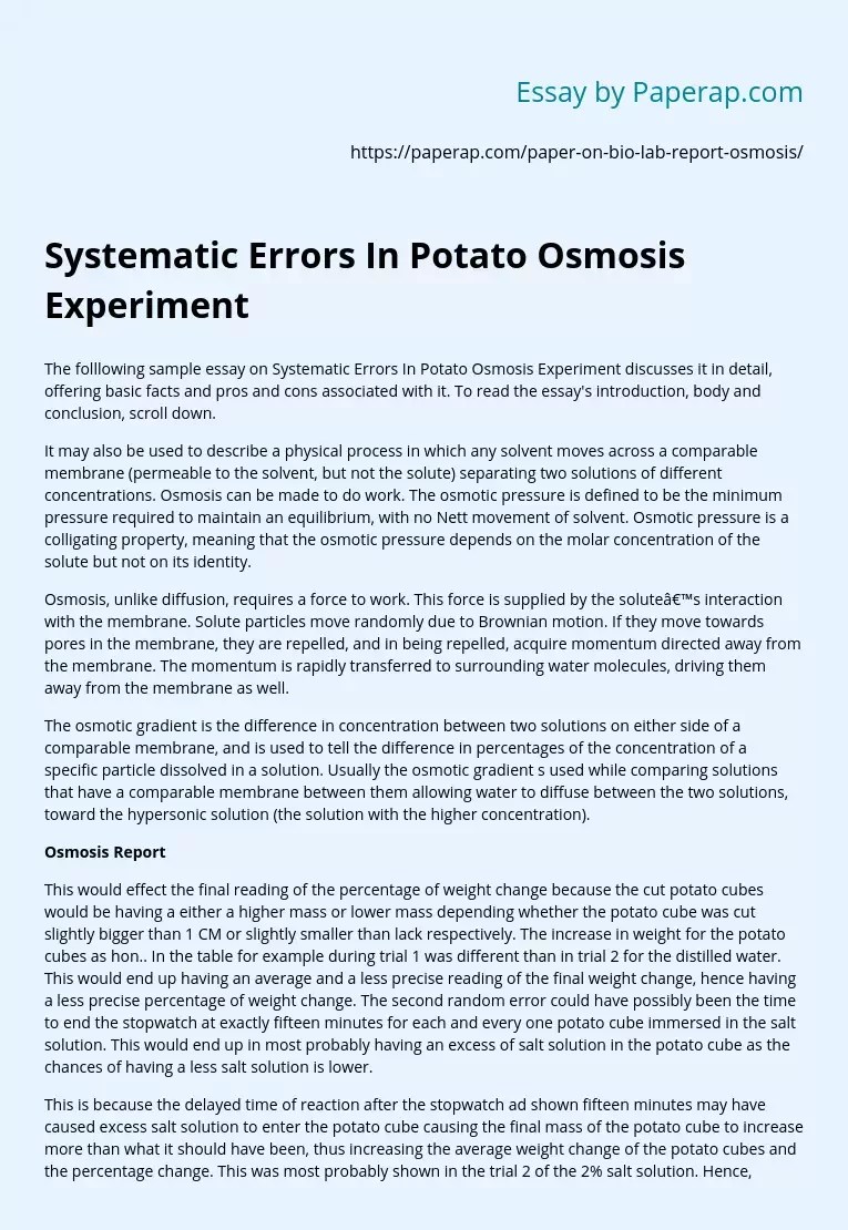 Systematic Errors In Potato Osmosis Experiment Free Essay Example