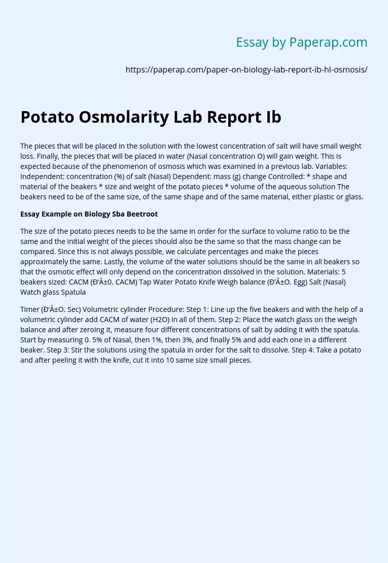 Potato Osmolarity Lab Report Ib Free Essay Example