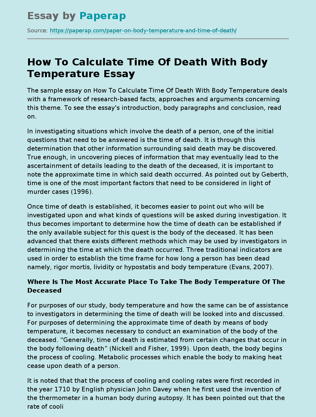 How To Calculate Time Of Death With Body Temperature Free Essay Example