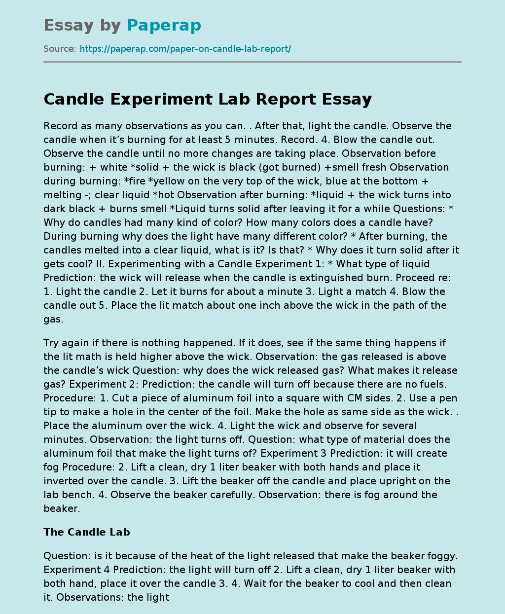 Candle Experiment Lab Report Free Essay Example