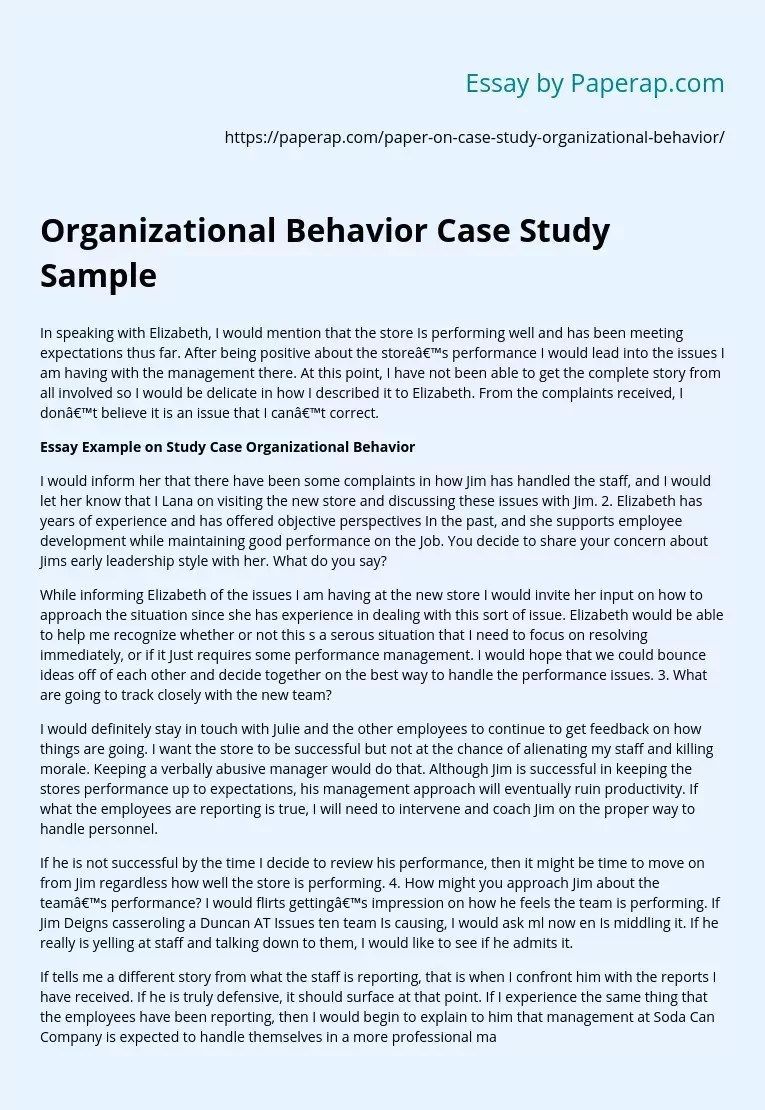 Organizational Behavior Case Study Sample Free Essay Example