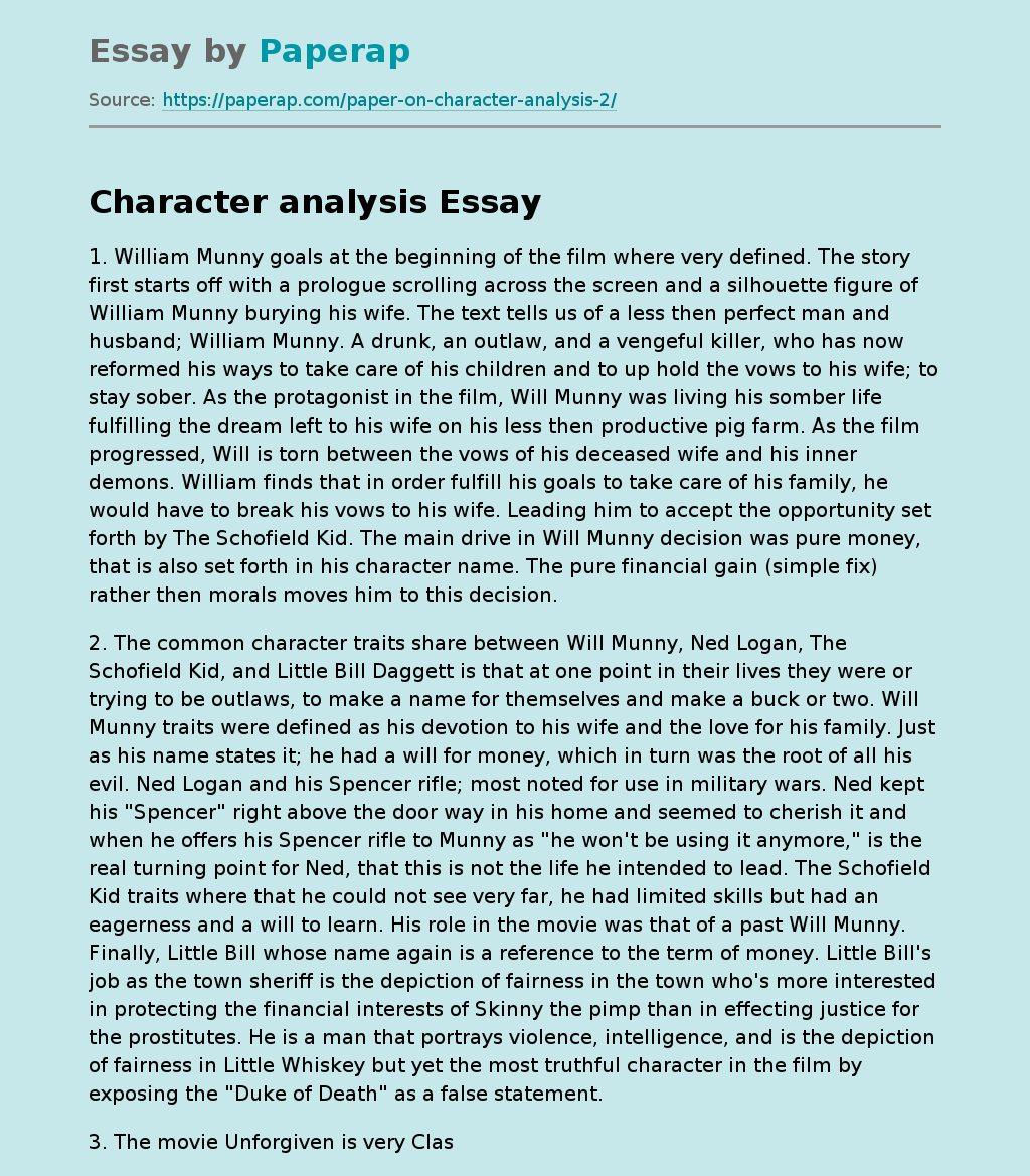 Character Will Munny analysis Free Essay Example