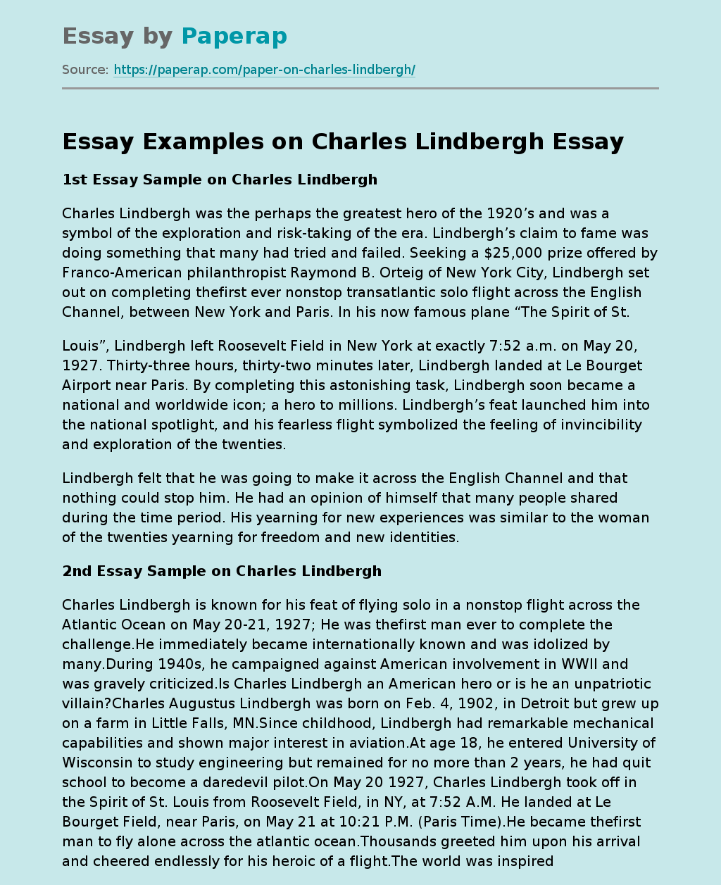 Essay Examples on Charles Lindbergh Free Essay Example