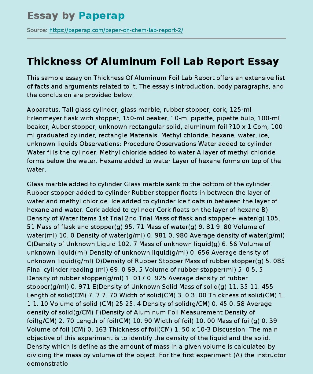 Thickness Of Aluminum Foil Lab Report Free Essay Example