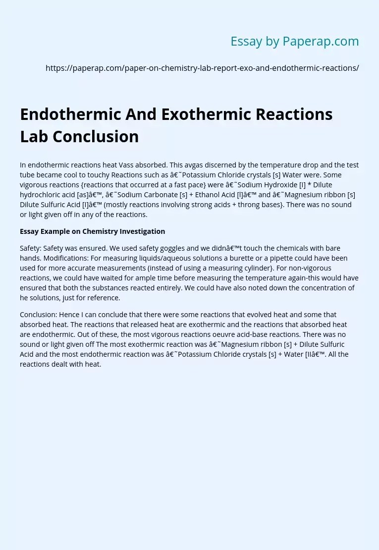 Endothermic And Exothermic Reactions Lab Conclusion Free Essay Example