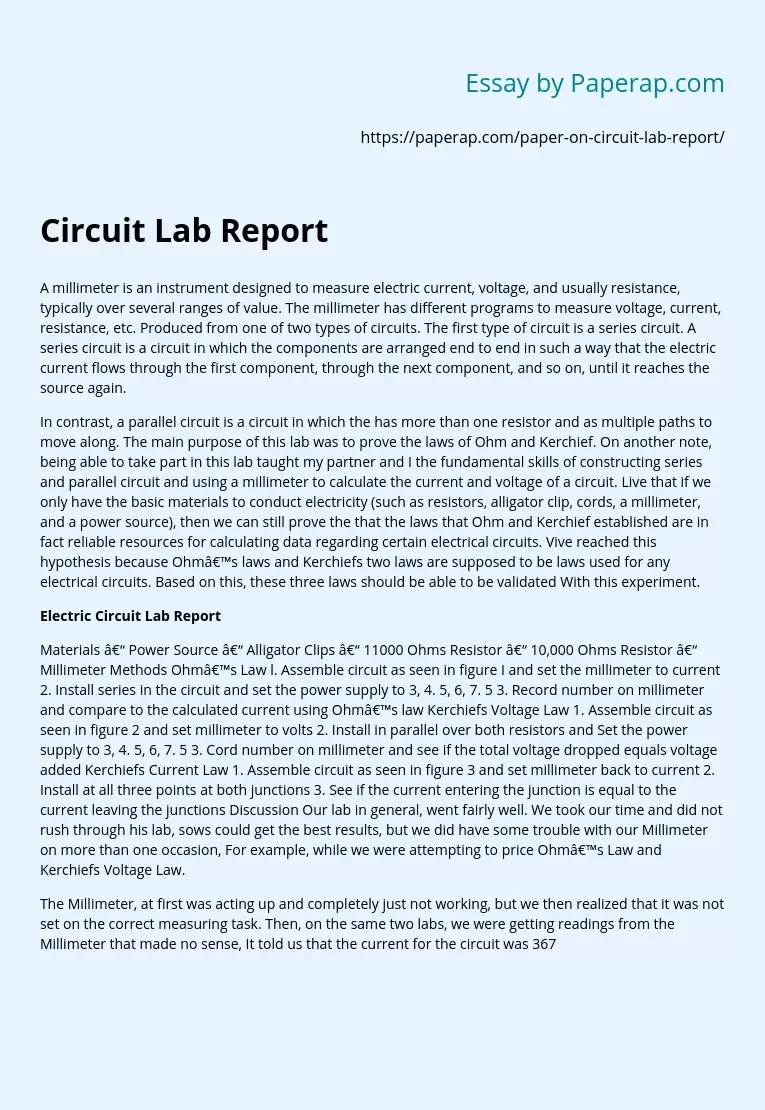 Electric Circuit Lab Report Essay Example