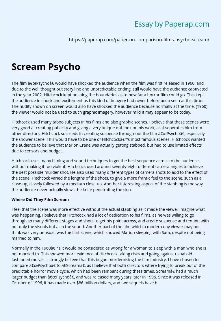 Psycho A Shocking Classic. Free Essay Example