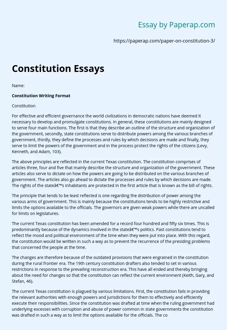 Constitution Essays Free Essay Example
