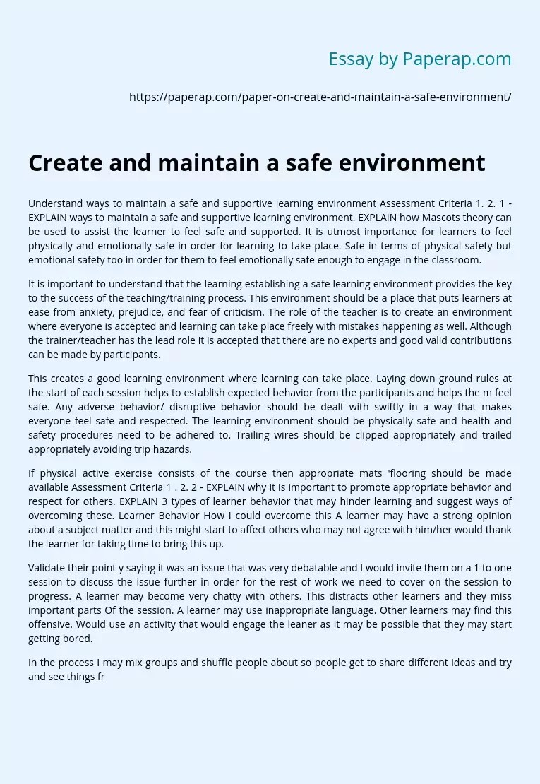 Create and maintain a safe environment Free Essay Example