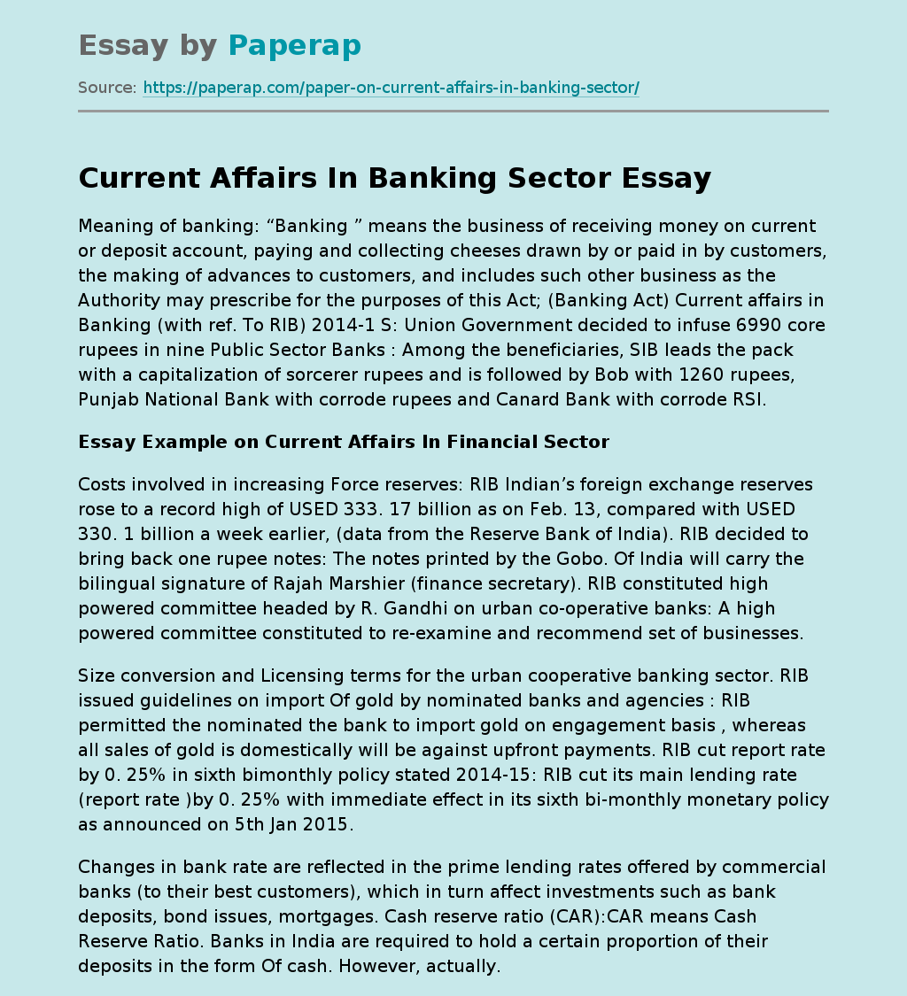 Current Affairs In Banking Sector Free Essay Example