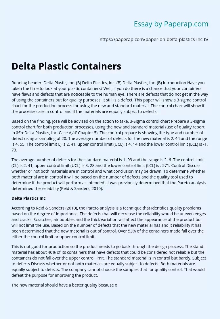 Delta Plastic Containers Inc Free Essay Example