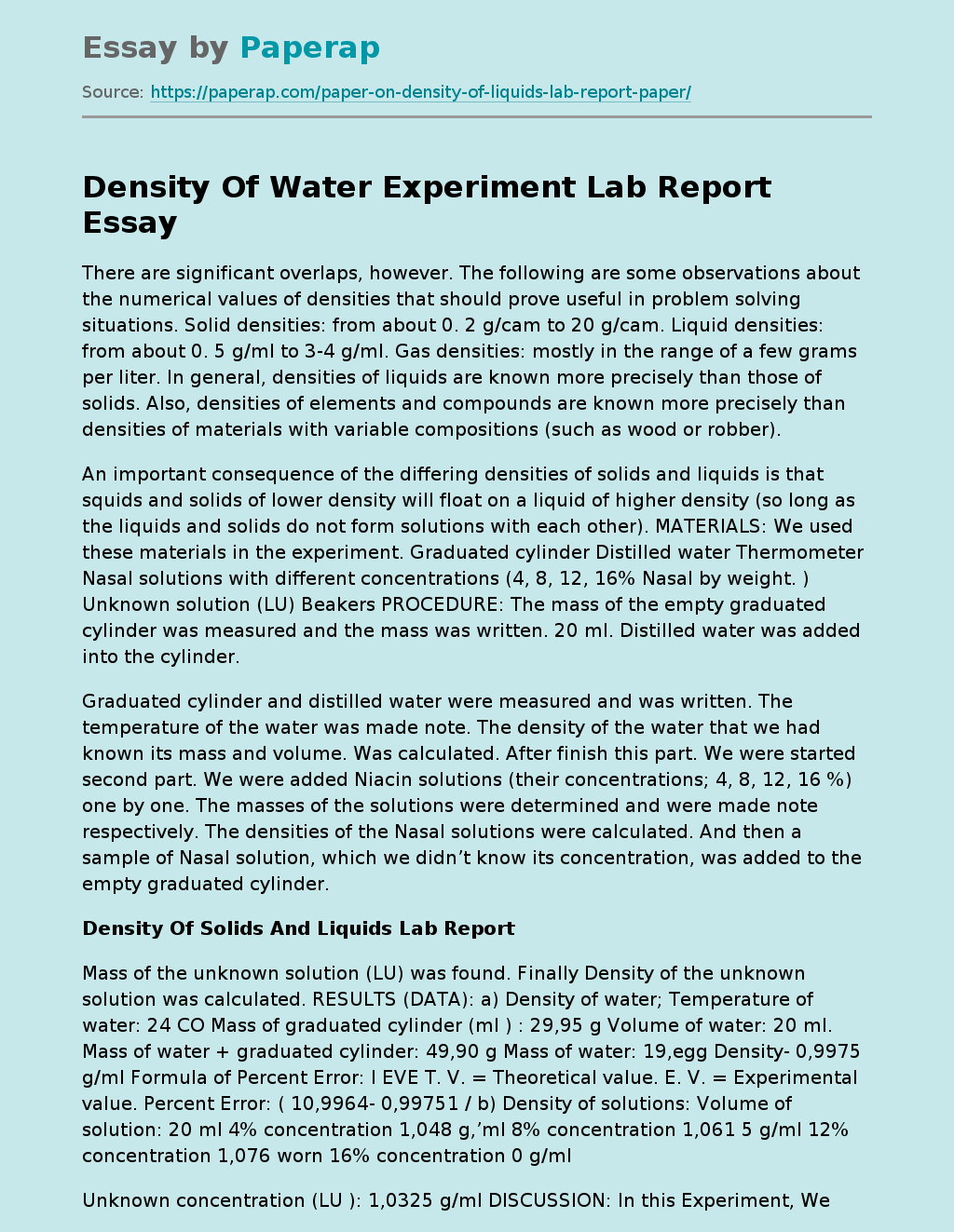 Density Of Water Experiment Lab Report Free Essay Example