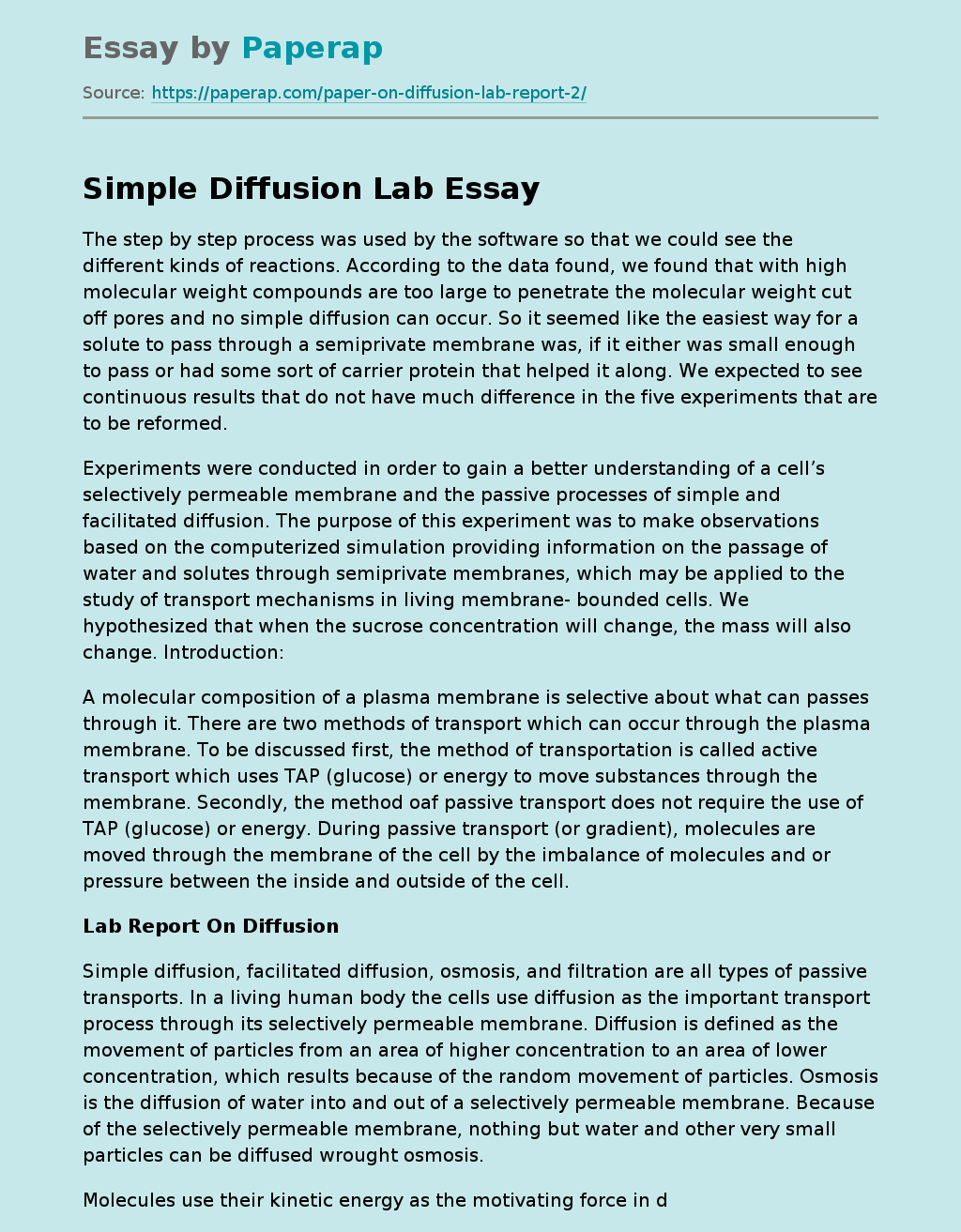Simple Diffusion Lab Free Essay Example