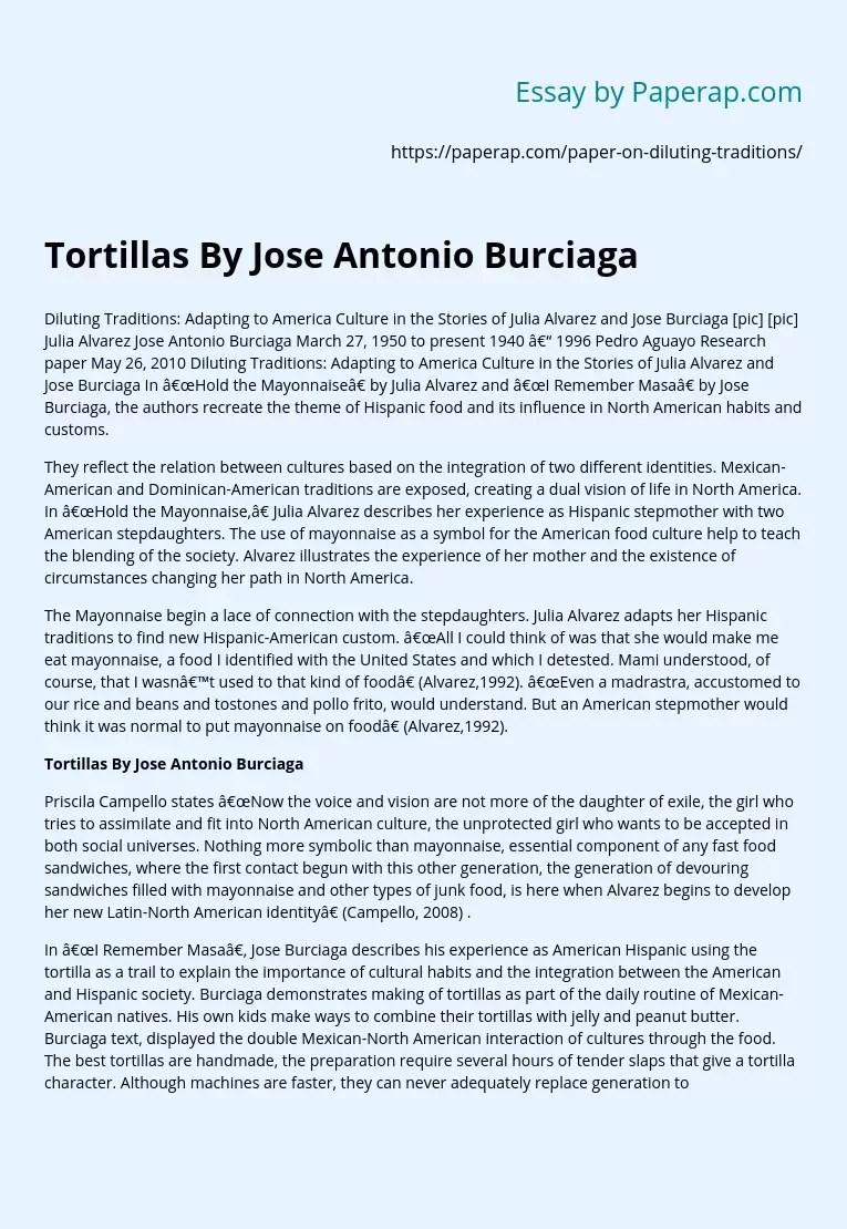 Tortillas By Jose Antonio Burciaga Summary Essay Example