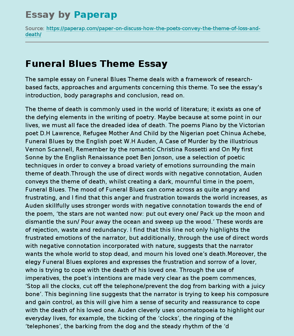 Funeral Blues Theme Free Essay Example