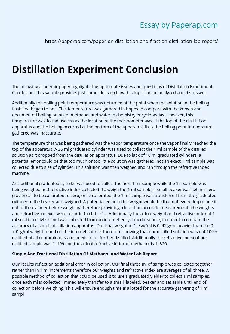 Distillation Experiment Conclusion Report Conclusion Essay Example