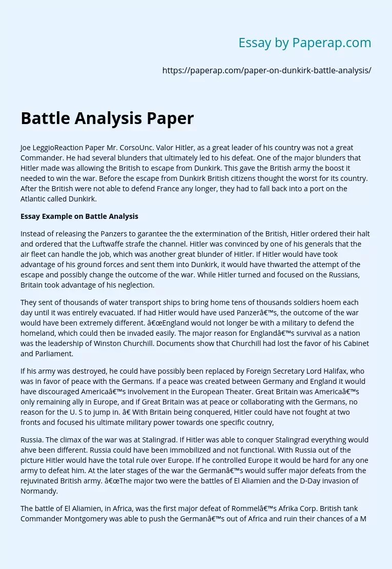 WW II Dunkirk Battle Analysis Paper Essay Example