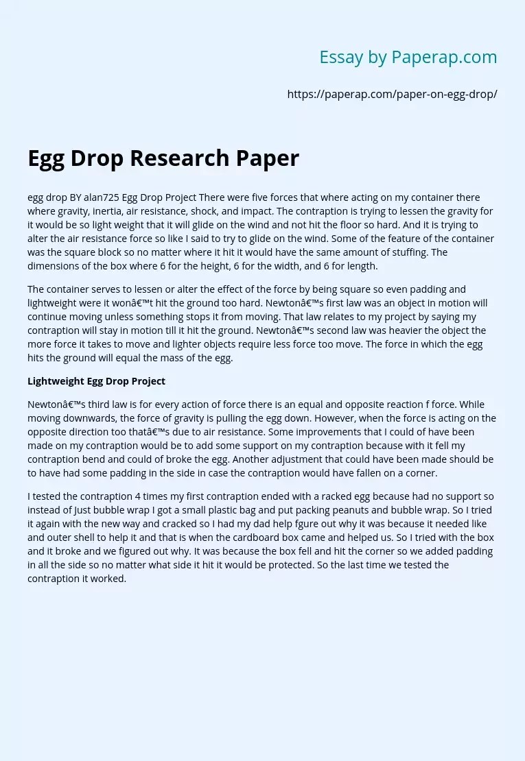 Egg Drop Research Paper Free Essay Example