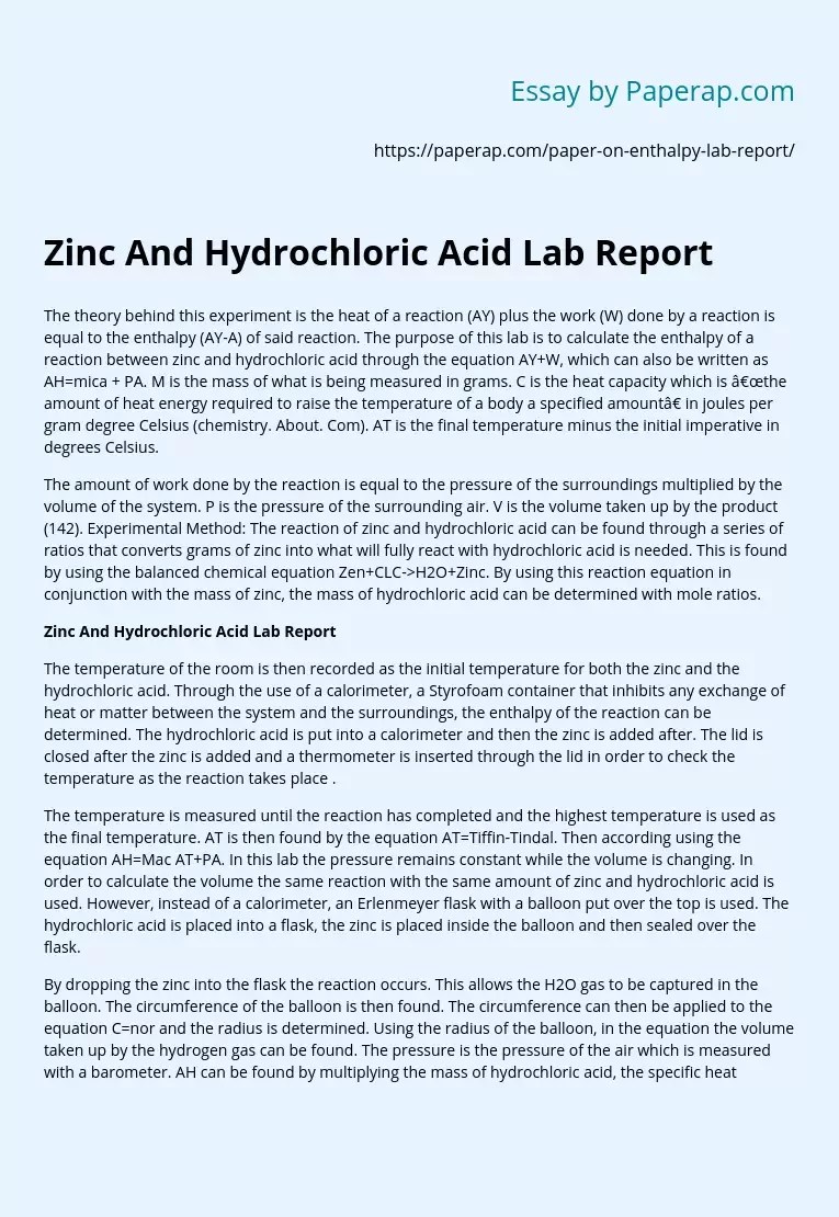 Zinc And Hydrochloric Acid Lab Report Free Essay Example