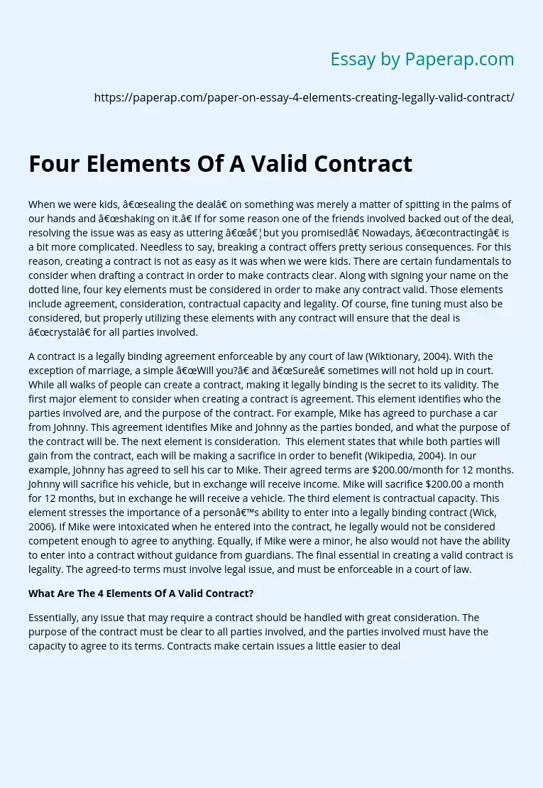 Four Elements Of A Valid Contract Free Essay Example