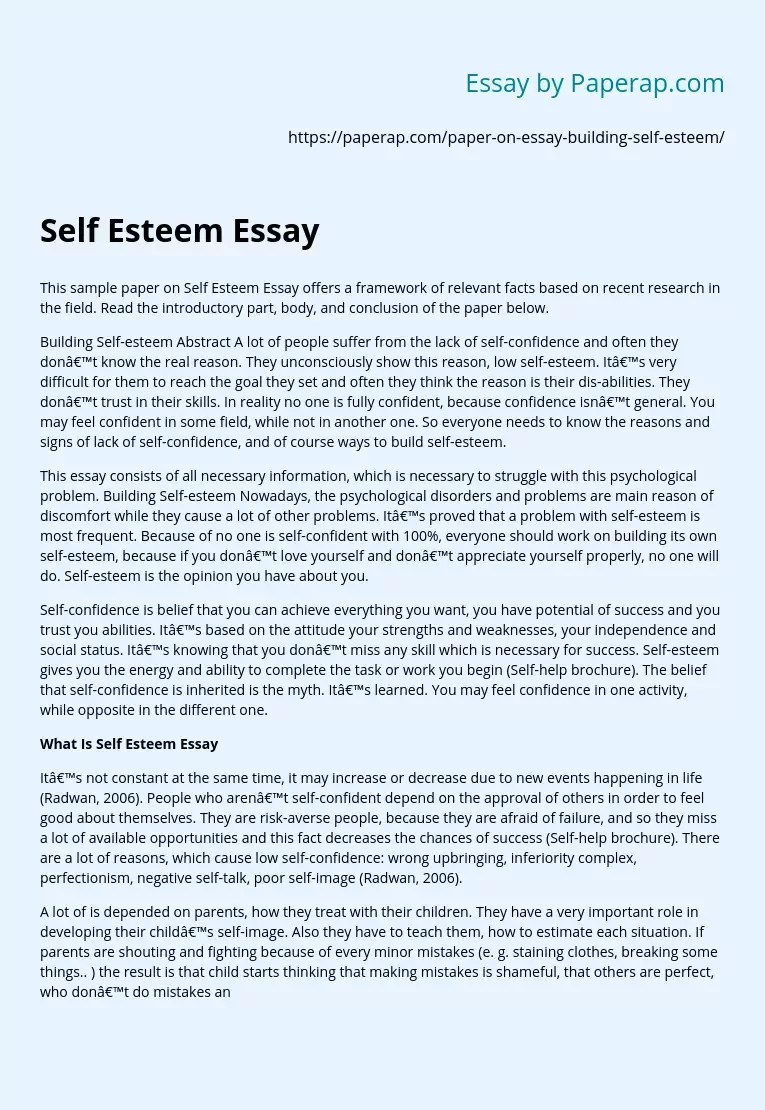 Self Esteem Essay Free Essay Example
