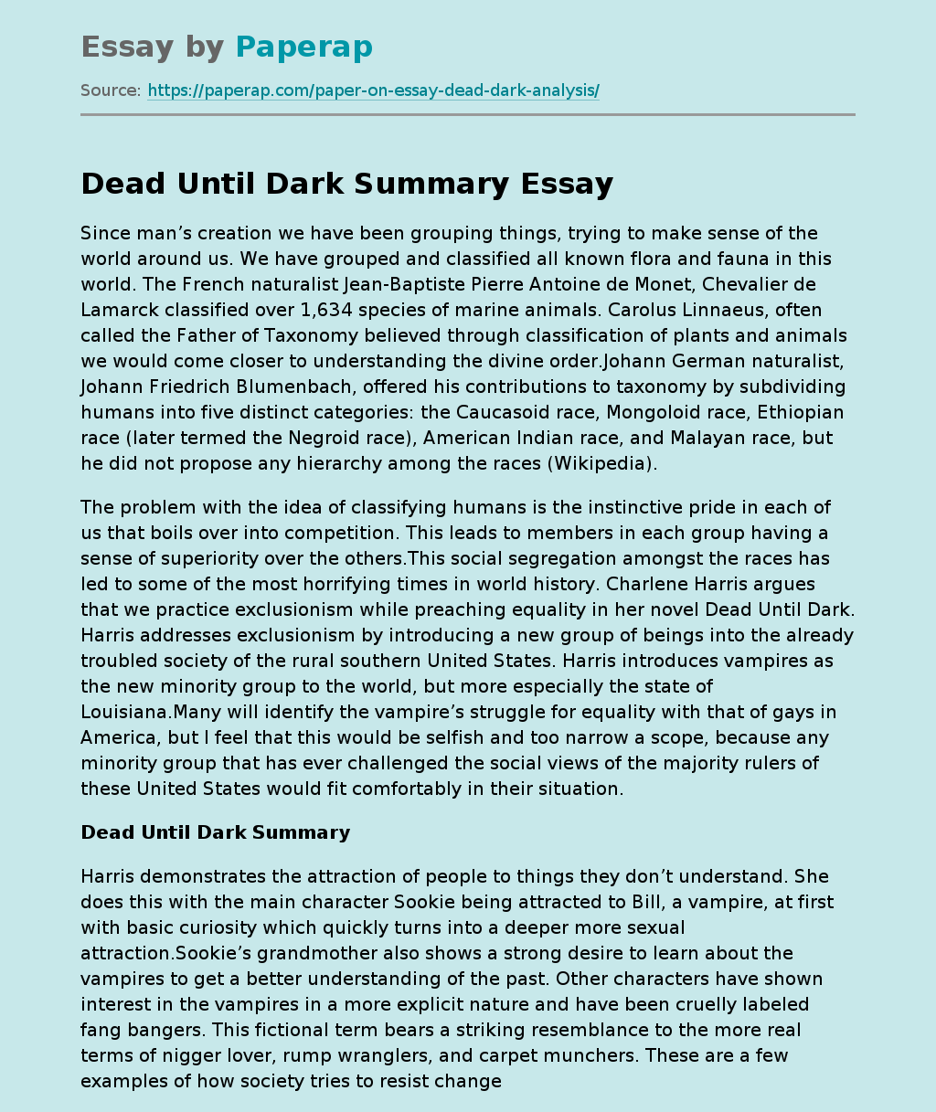 Dead Until Dark Free Essay Example