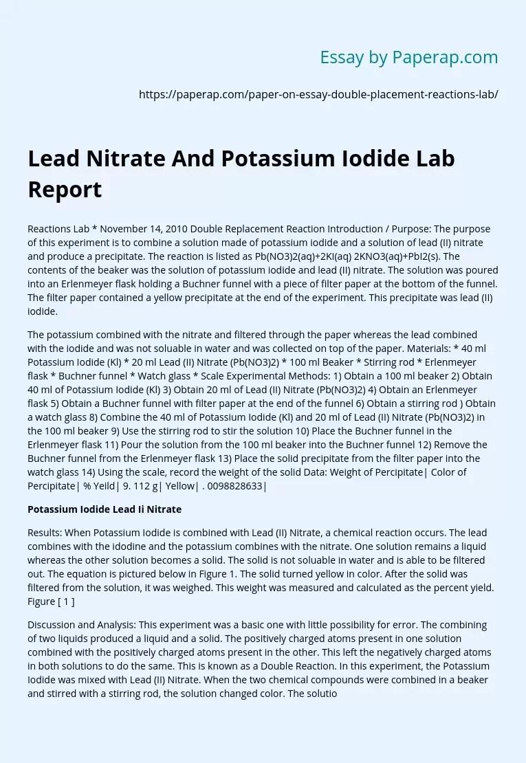 Lead Nitrate And Potassium Iodide Lab Report Free Essay Example