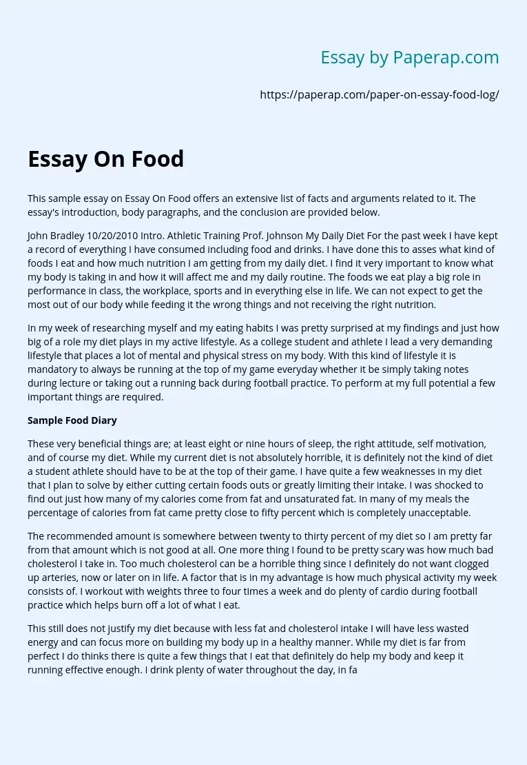Essay On Food: My Food Diary Analysis Free Essay Example