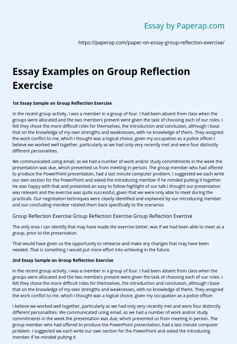 Essay Examples on Group Reflection Exercise Free Essay Example
