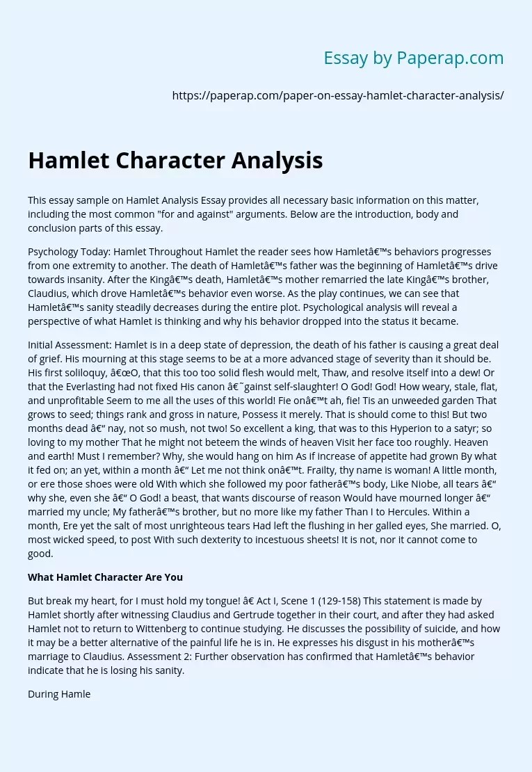 Hamlet Character Analysis Free Essay Example
