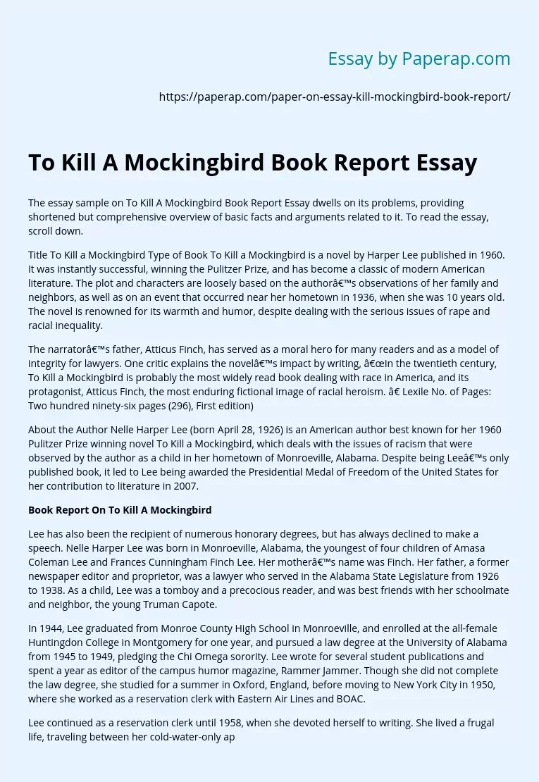 To Kill A Mockingbird Book Report Essay Free Essay Example