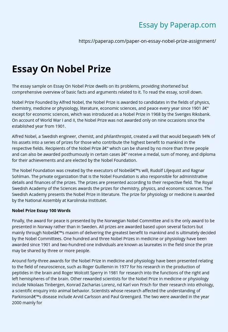 Essay On Nobel Prize Assignment History Free Essay Example