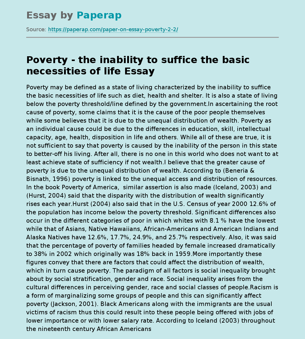 Poverty the Inability to Suffice the basic Necessities of Life Free