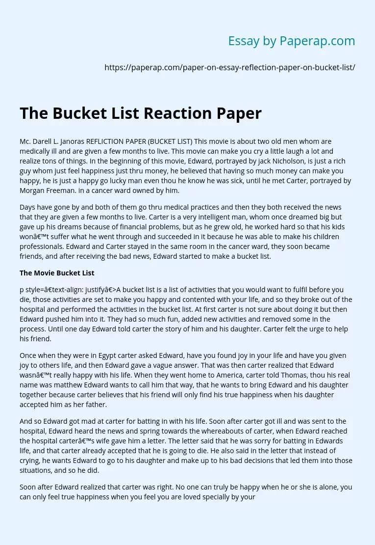 The Bucket List Reaction Paper Reflective Essay Example