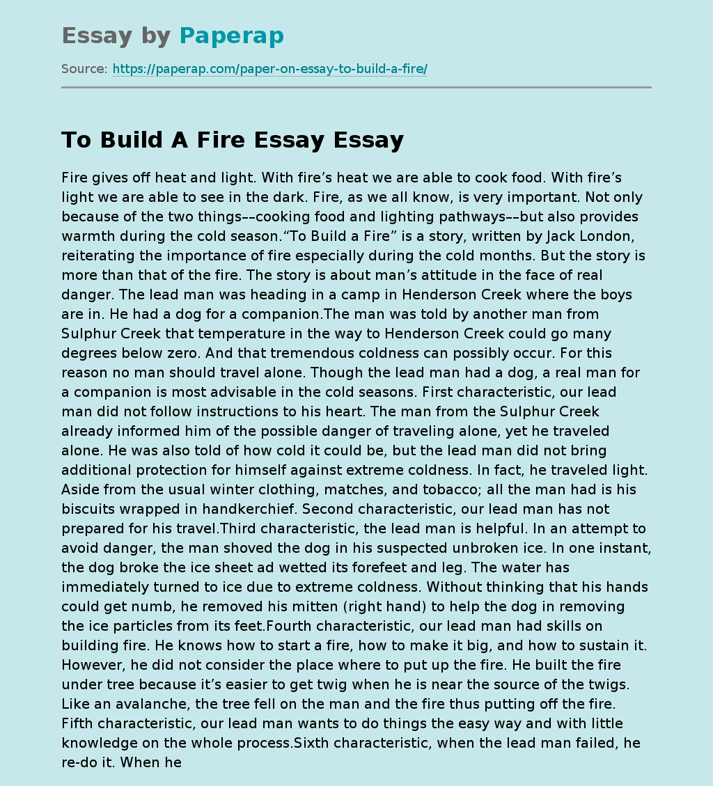 To Build A Fire Essay Free Essay Example