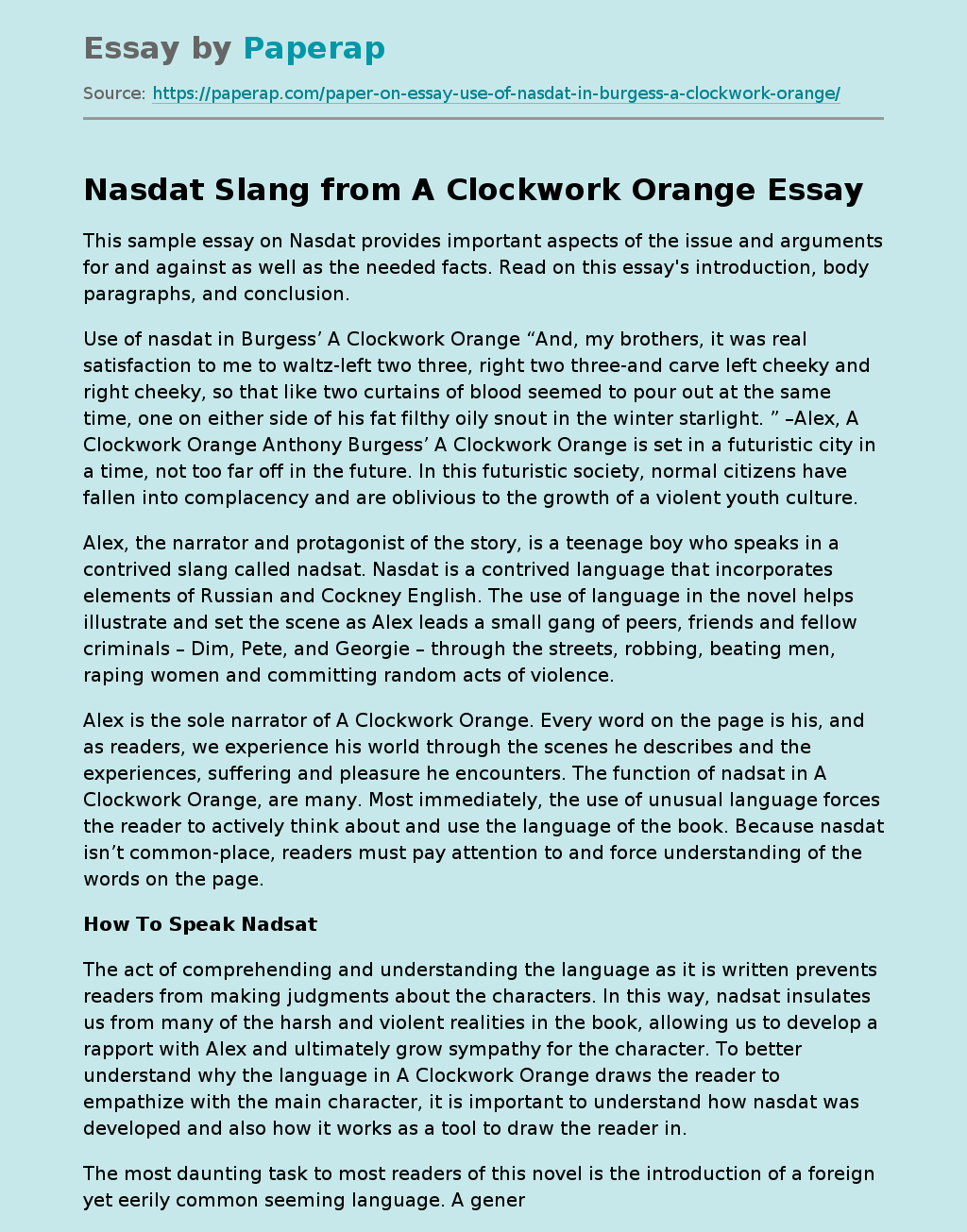 Nasdat Slang from A Clockwork Orange Free Essay Example