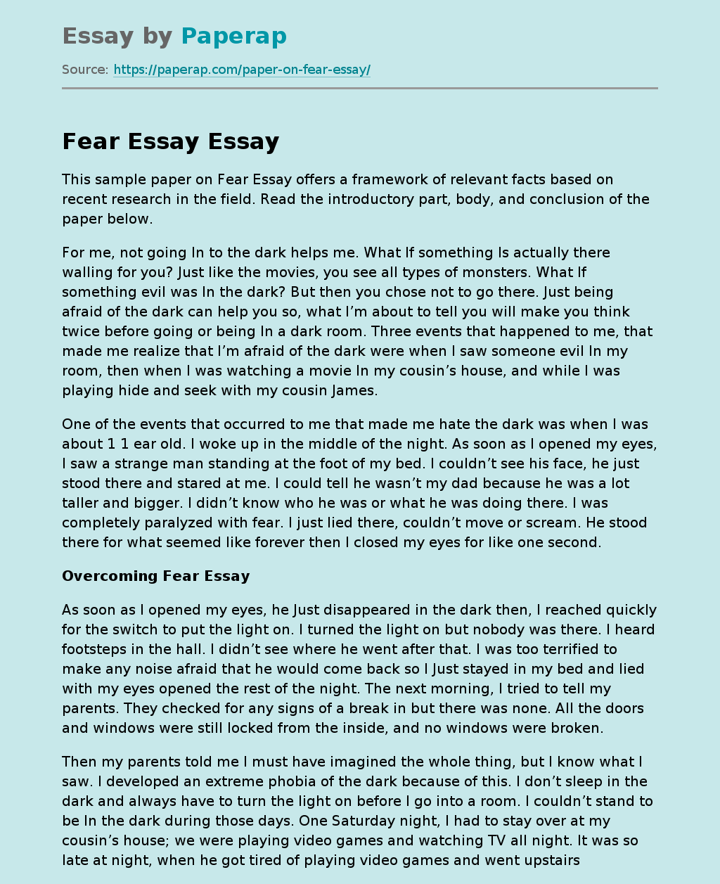 Fear Essay A Framework of Relevant Facts Free Essay Example