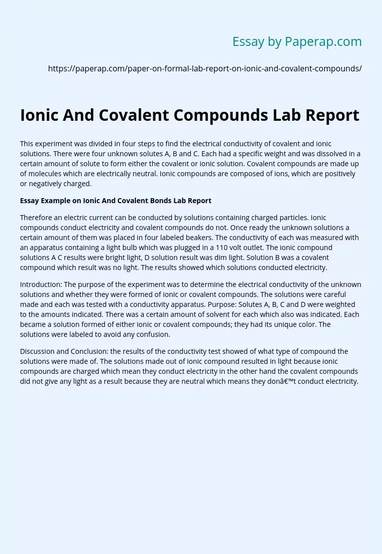 Ionic And Covalent Compounds Lab Report Free Essay Example