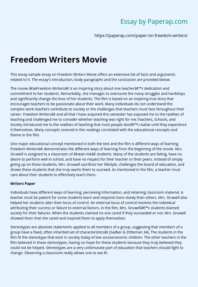 Freedom Writers Movie Analysis Summary And Review Essay Example
