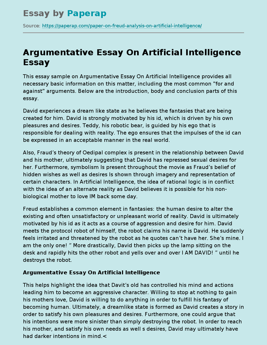 Argumentative Essay On Artificial Intelligence Free Essay Example