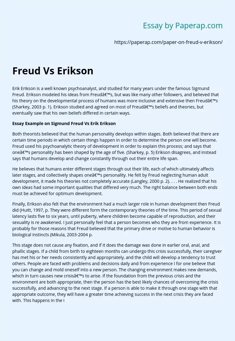 Sigmund Freud Vs Erik Erikson Free Essay Example