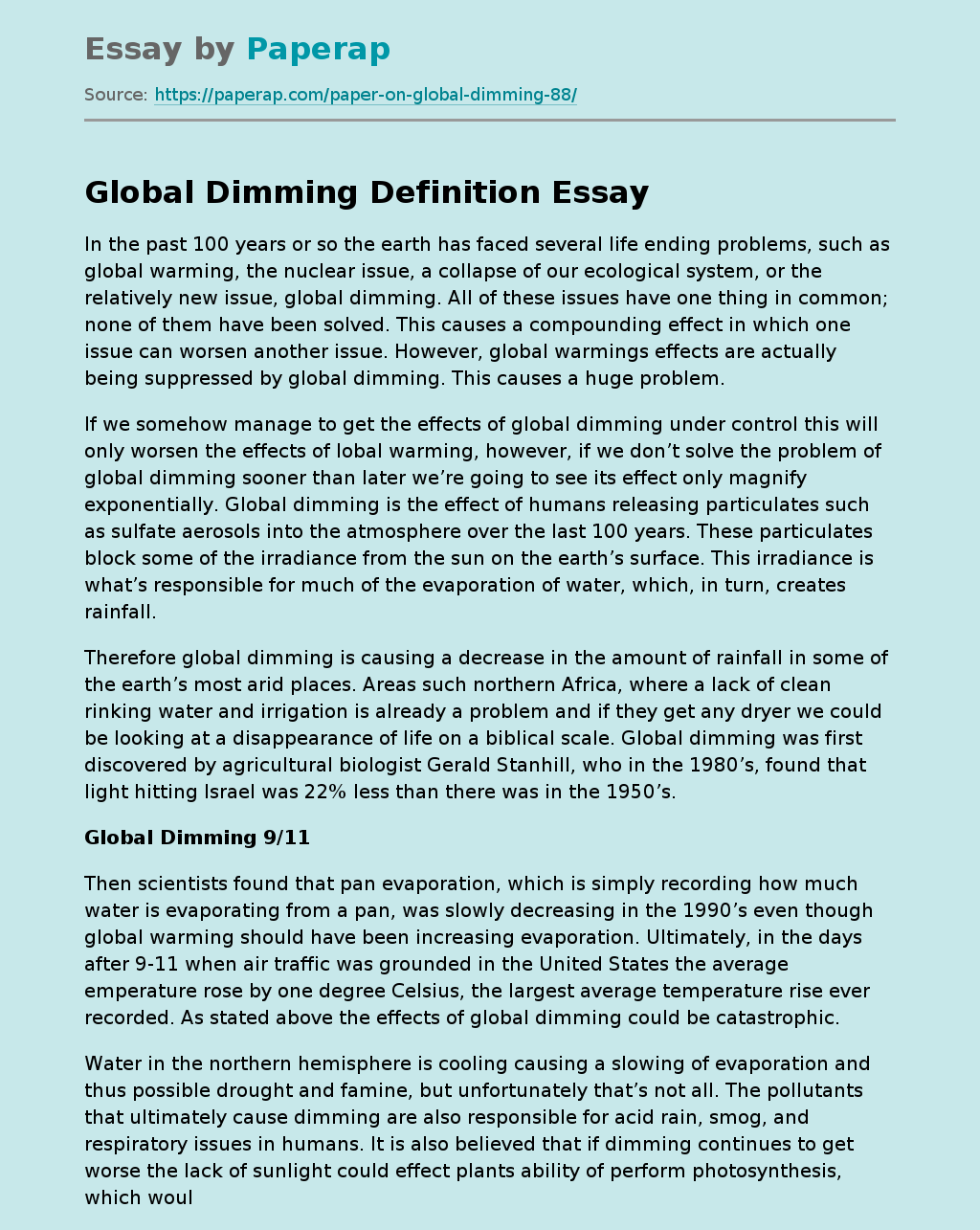 Global Dimming Definition Free Essay Example